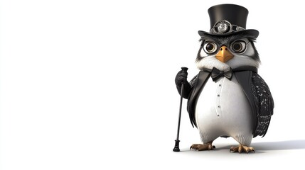 Obraz premium A dapper cartoon owl in a top hat, glasses, jacket, and bow tie holds a cane. Isolated on white background, leaving ample copy space.