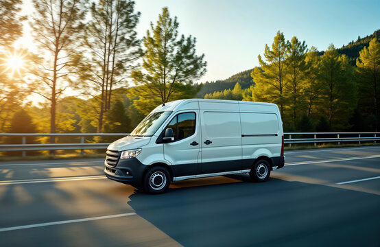 White van drives fast on highway with trees in background. Sunny day. Transportation concept. Delivery service. Commercial vehicle. Modern vehicle. Business transportation. Logistics industry. Fast,