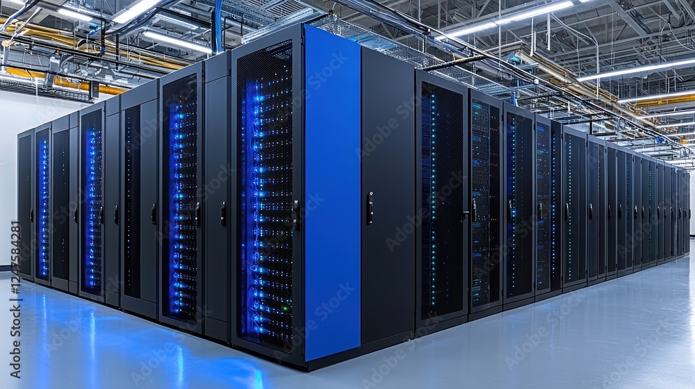 Poster high-tech data center: rows of servers illuminating digital infrastructure