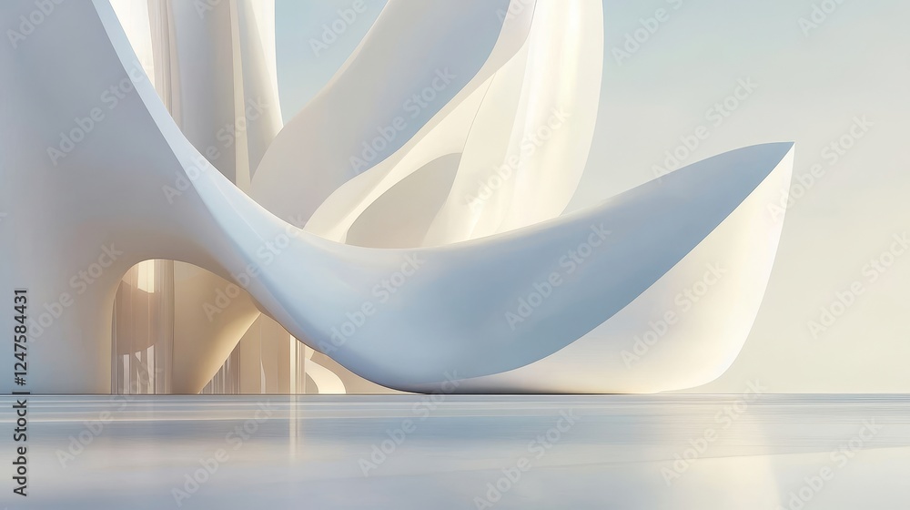 Poster an abstract white building with a clear sky background is showcased in a 3d rendering that includes 