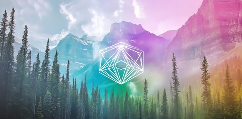 Spiritual new age design portraying the philosopher's stone through sacred geometry, including elements of transmutation with interlocking circles, triangles, and glowing particles in the foreground