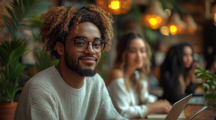 Smiling Young Man Enjoying Coffee in Cozy Café with Friends