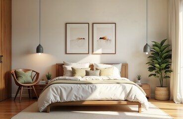 Modern country bedroom interior. White, cream pillows rest on wooden bed. Soft beige walls, wooden furniture create cozy atmosphere. Houseplant, pendant lights add touch of nature. Sunbeams stream