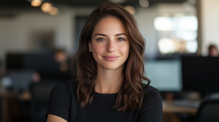 Fototapeta premium Confident woman smiling in modern office environment, showcasing professionalism and approachability.