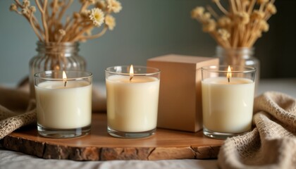 Elegant handmade soy wax candles in neutral colors. Eco-friendly packaging on wooden tray. Cozy and inviting display. Soft glow of candles. Peaceful ambiance. Perfect for interior decor or gifting.