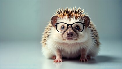 Cute hedgehog wears glasses. Animal looks directly at camera. Friendly face. Studio photo. Adorable pet photo session. Closeup shot of adorable creature. Spiky fur. Stylish accessory.