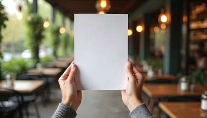 Person holds blank restaurant menu template. Cafe setting blurred in background. Indoor cafe scene. Design template for menu. Possible promotional material. Display area ready for content. Blank