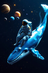 Fototapeta premium A cinematic, high-contrast photo of a helmetless astronaut atop a glowing blue whale, drifting through deep space. Vibrant planets and twinkling stars surround them, creating a surreal cosmic dreamsca