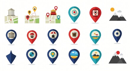 Flat-style location pins and map icons for travel or navigation themes