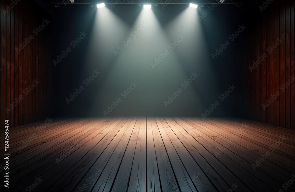Poster empty performance hall with spotlights. wooden floor and walls. ready for a performance. modern and 