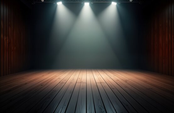 Empty performance hall with spotlights. Wooden floor and walls. Ready for a performance. Modern and dark interior. Suitable for dance or other stage events.