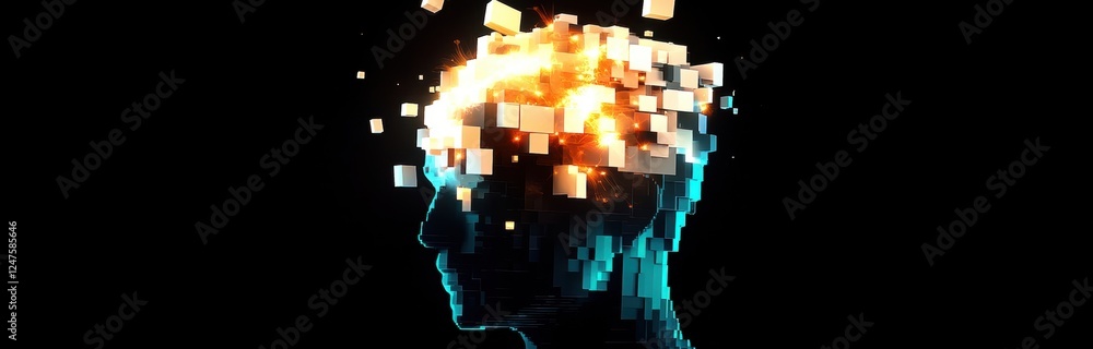 Poster abstract digital human head with a glowing brain made of blocks on a black background banner design 