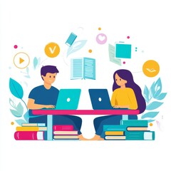 Two people are seated at a table, directly facing one another, and working on their laptops. Books, a pencil, and other supplies sit on the table