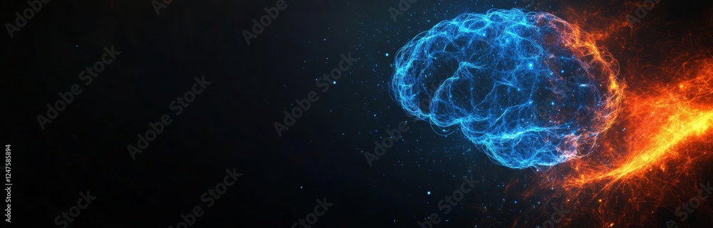 Poster digital brain in blue and orange glowing light on a black background, an ai concept banner design wi