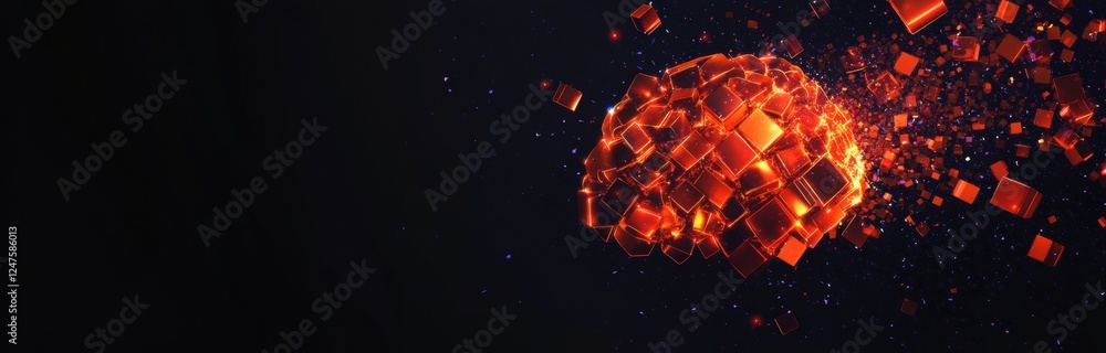 Poster digital brain made of glowing digital blocks on a black background illustration with copy space for 