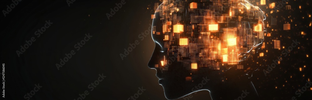 Poster digital brain made of glowing digital blocks on a black background illustration with copy space for 