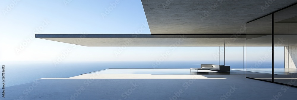 Poster a 3d render displaying a contemporary glass building with a concrete patio and trees in the backgrou