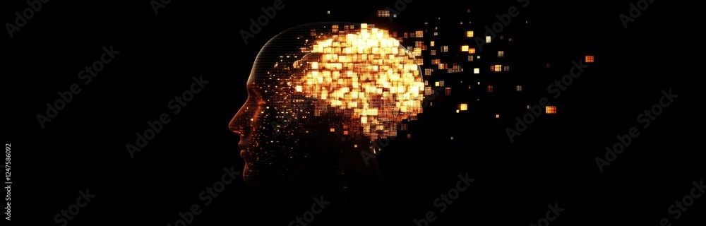 Poster abstract digital human head with a glowing brain made of pixel blocks on a black background banner d