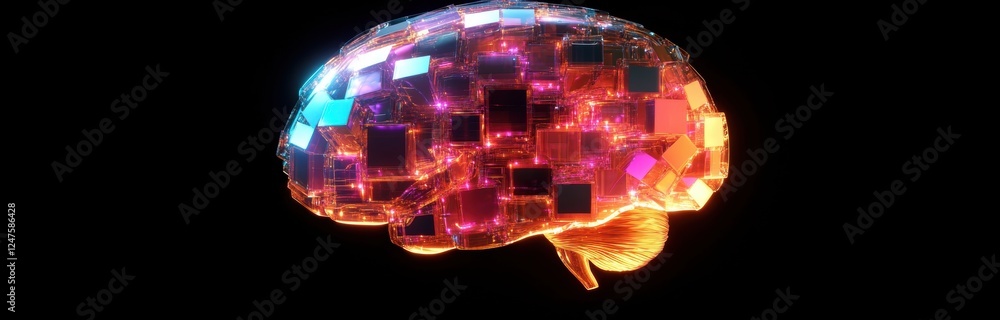 Poster digital brain made of glowing digital blocks on a black background illustration for an artificial in