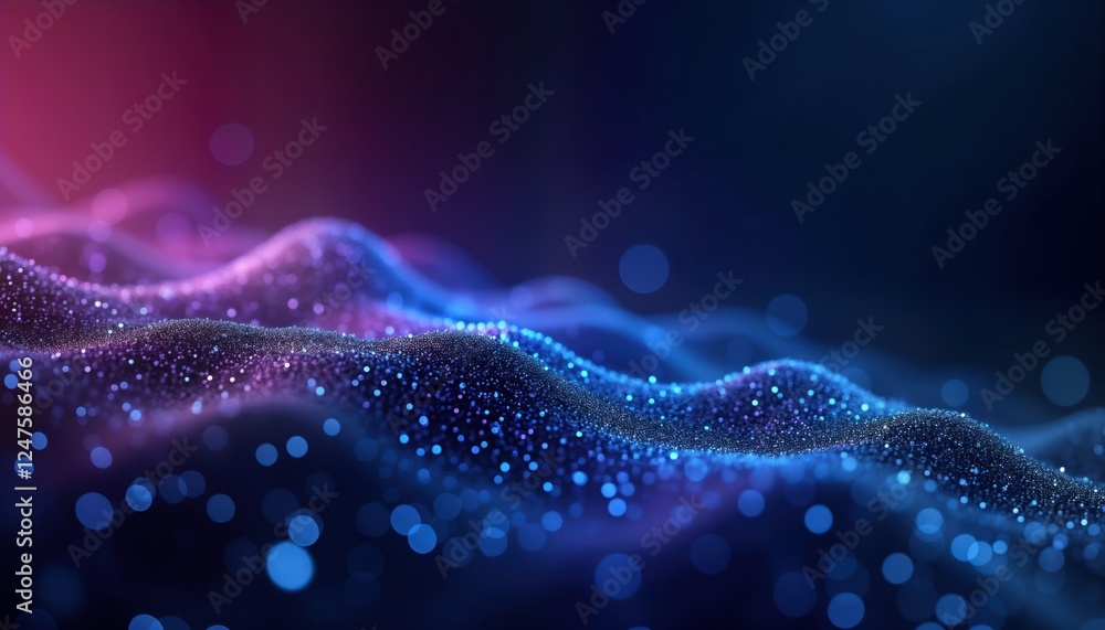 Fototapete abstract futuristic tech backdrop. glowing blue and purple dots create wavy patterns. dark backgroun