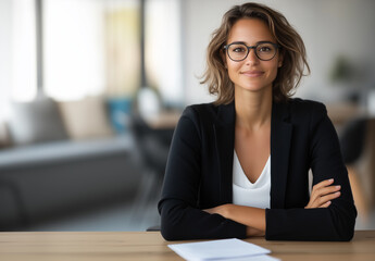 Professional woman in black blazer with glasses, smiling confidently in office setting.