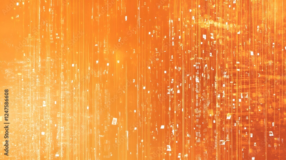Poster vibrant digital abstract art featuring an orange background with floating elements and light trails