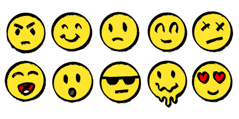set of emoji in round shapes. different emotions for social media or banners. angry and happy faces in grunge style drawn by hand