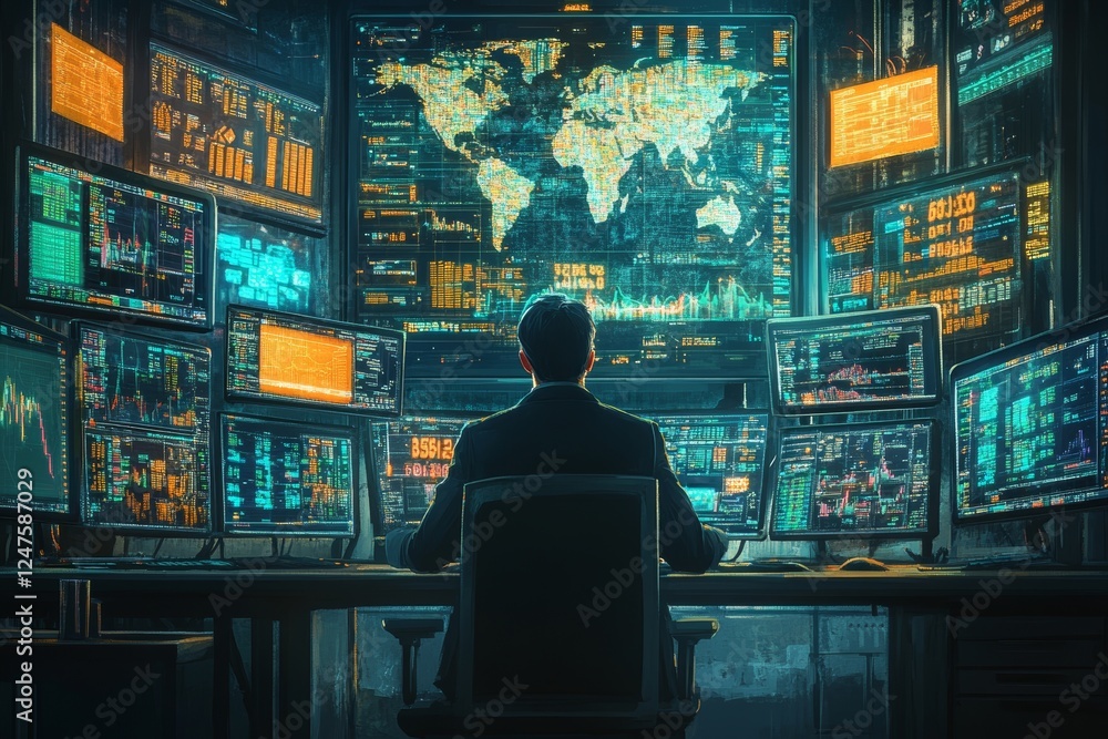 Poster managers monitor supply chain data on numerous screens in the factory control room