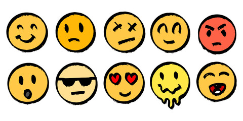 Fototapeta premium set of emoji in round shapes. different emotions for social media or banners. angry and happy faces in grunge style drawn by hand