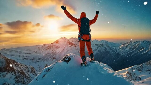 Summit's Embrace: A lone figure stands atop a snow-capped mountain, arms raised in a gesture of triumph against the breathtaking backdrop of a sunset over a majestic mountain range.