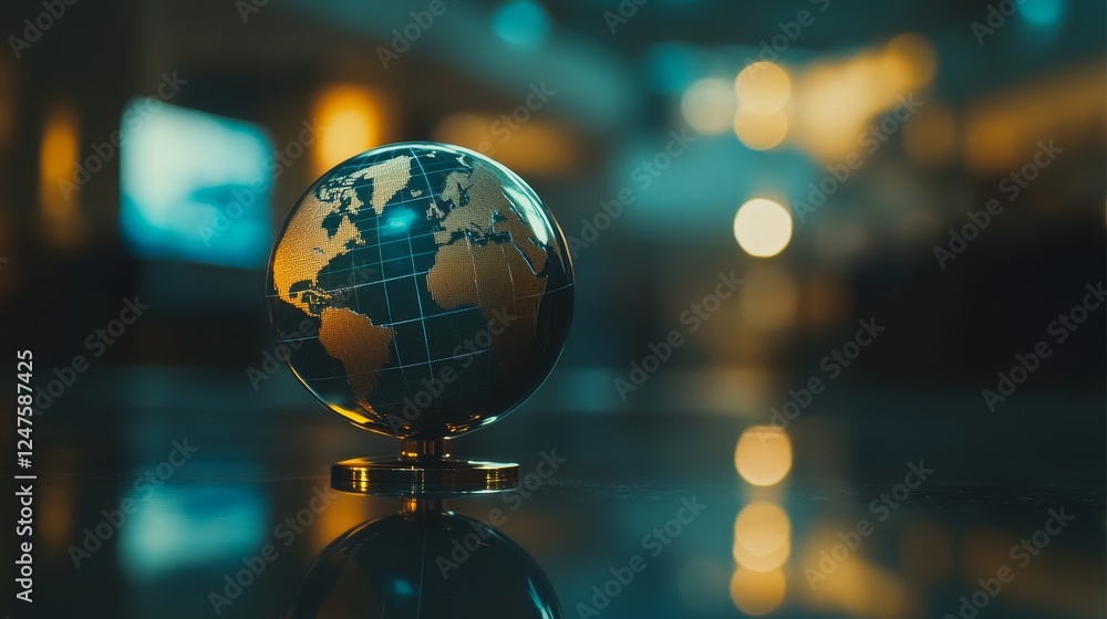 Poster there is a luminous blue orb with a central red line graph representing the global market and busine