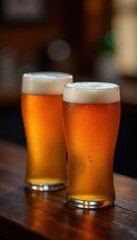 Perfectly poured pints, frothy tops, on rustic wood bar , shadow, liquid, golden