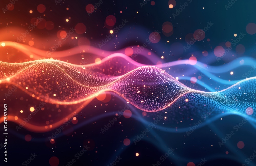 Poster abstract digital wave patterns with glowing particles. colorful optical fibers create dynamic light 