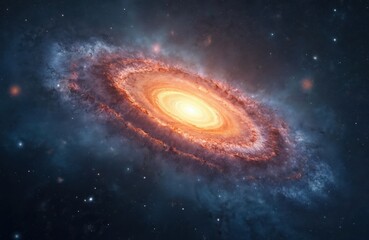 Spiral galaxy glows vividly against dark space. Vibrant colors of orange, blue depict stellar activity. Stars, nebulae visible in vast expanse of cosmos. Majestic space photo universe beauty.