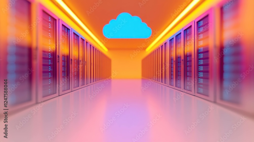 Aufkleber futuristic data center corridor with colorful lighting, featuring server racks and a cloud icon, rep
