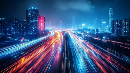 Fototapeta premium Vibrant Cityscape at Night with Dynamic Light Trails on Highway