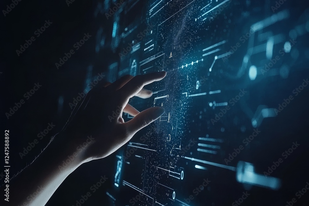 Poster the abstract representation of a hand indicating a virtual hologram on a computer screen conveys the