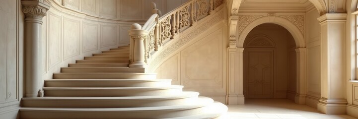 Obraz premium Intricate carvings on pale wooden castle staircase, bottom perspective , castle, medieval, royal