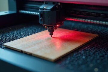 Laser cutter in operation, finished piece removed, automation, product