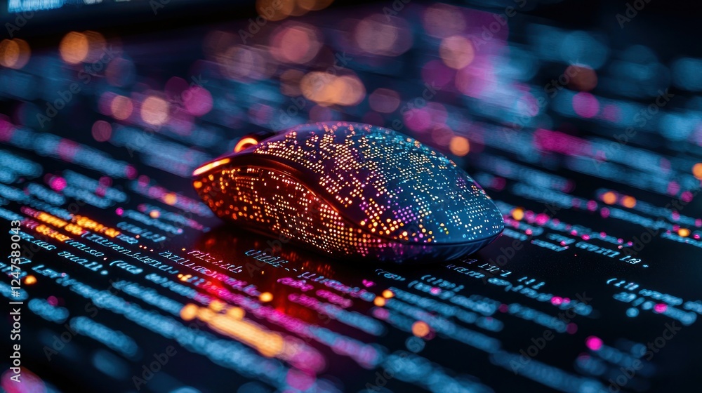 Poster code mouse, digital data, glowing keyboard, tech background, website design