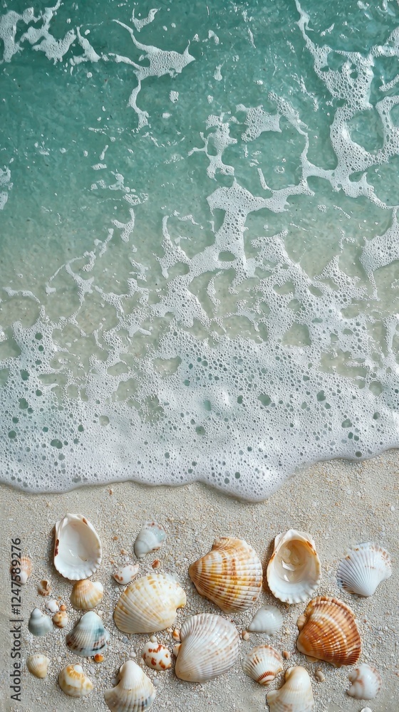 Poster seashells in various shapes and sizes scatter across the sandy shoreline, kissed by frothy waves und
