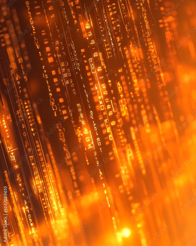 Poster futuristic digital matrix: an abstract representation of data streams in vivid orange hues