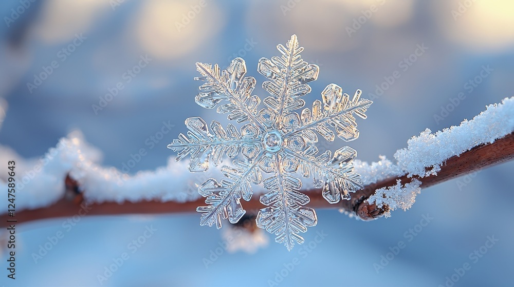 Poster a delicate snowflake rests on a branch, surrounded by a snowy landscape.