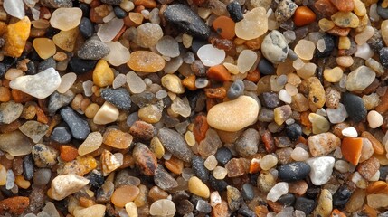Colorful assortment of small pebbles on beach shoreline