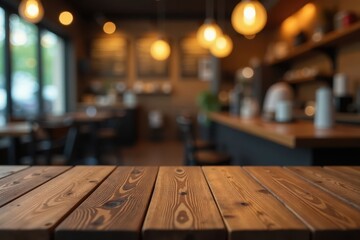 Empty wooden tabletop, blurred cafe background Golden bokeh, dark ambiance , out of focus, copy space, luxury