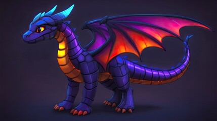Obraz premium A vibrant purple and orange baby dragon with glowing scales and large wings, standing on a dark background.