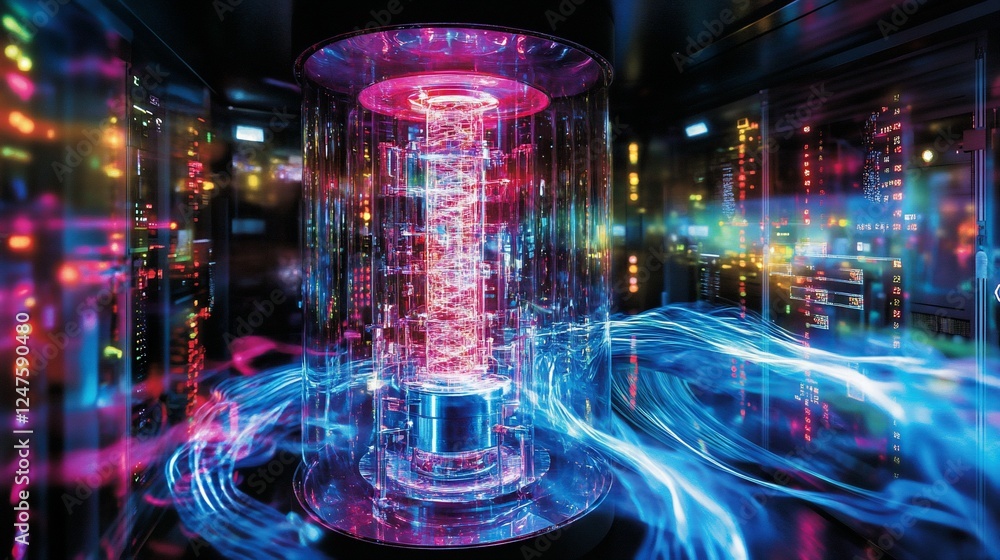 Poster futuristic technology core with streaming data and energy in a server room