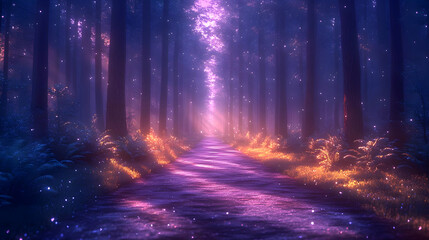 Naklejka premium Magical Glowing Forest Path at Night