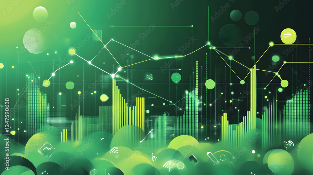 Poster abstract data visualization with green and yellow elements representing technology and growth