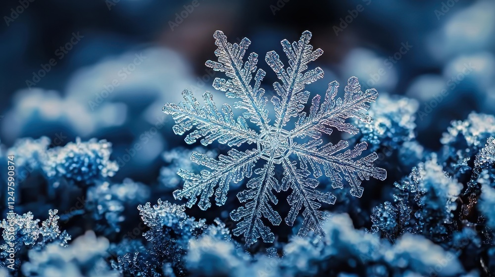 Poster a close-up of a snowflake resting on a bed of frost.